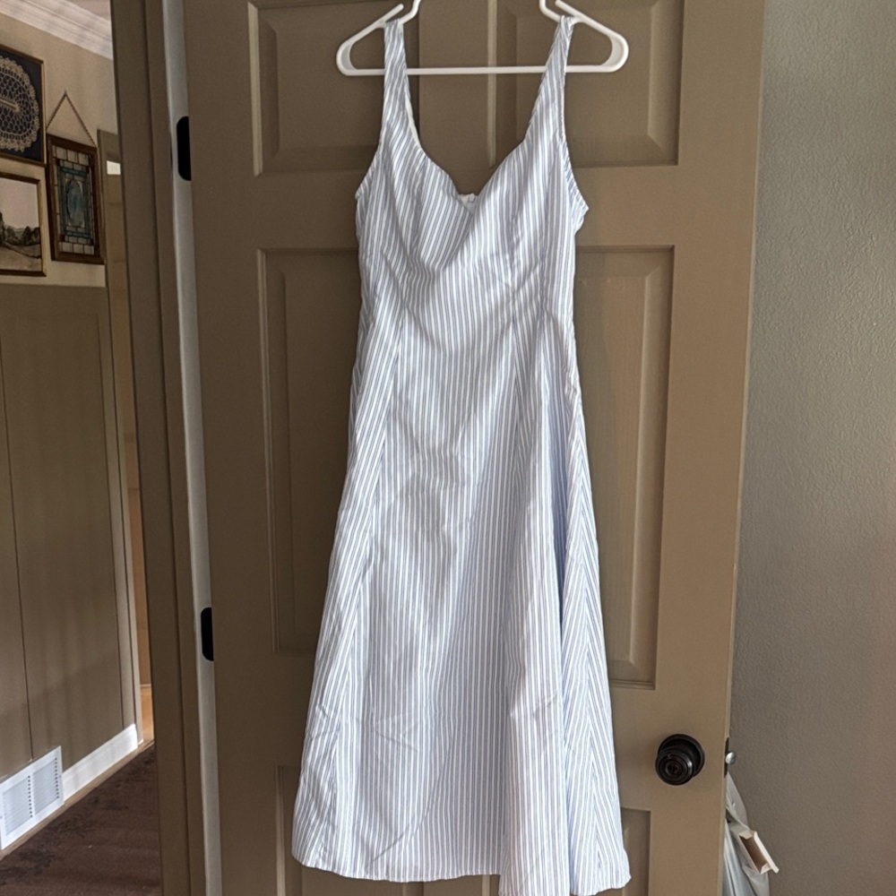 Cider White and Blue Striped Midi Dress